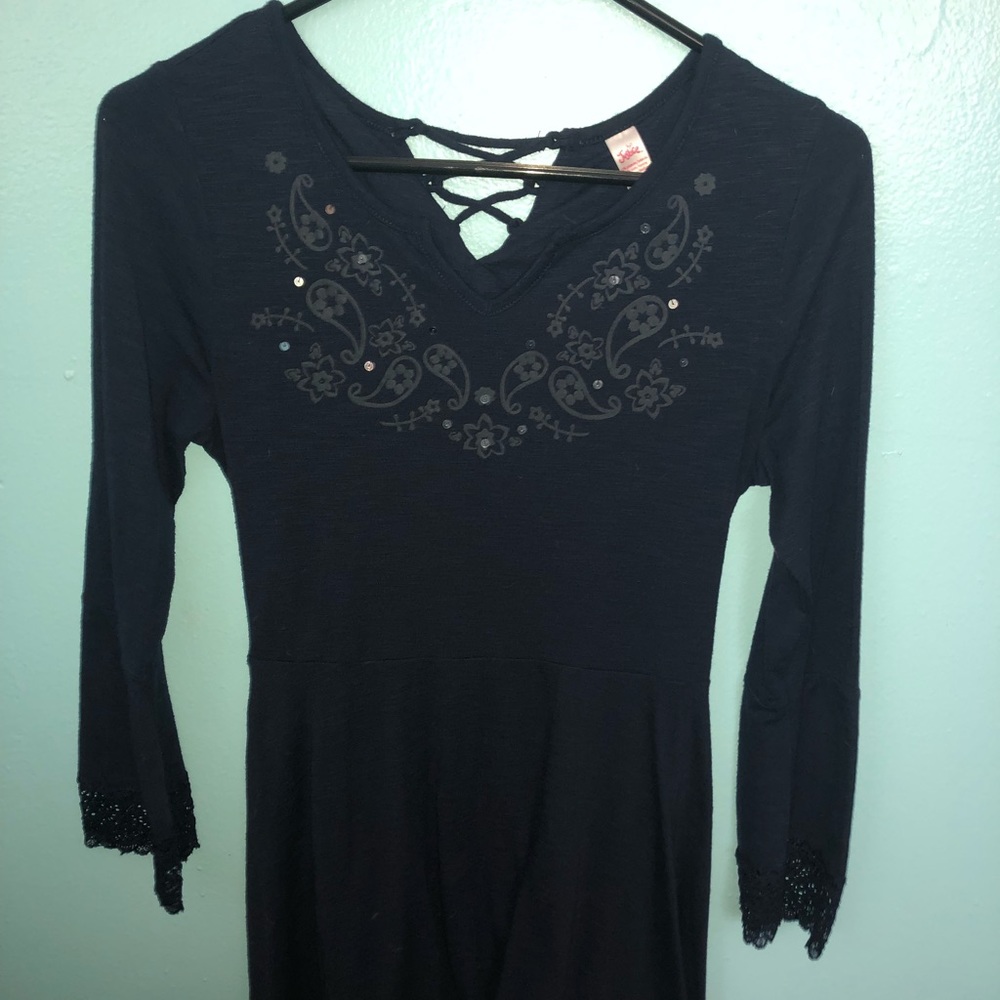 A Navy Blue Lace. Sequences, Cross back dress.